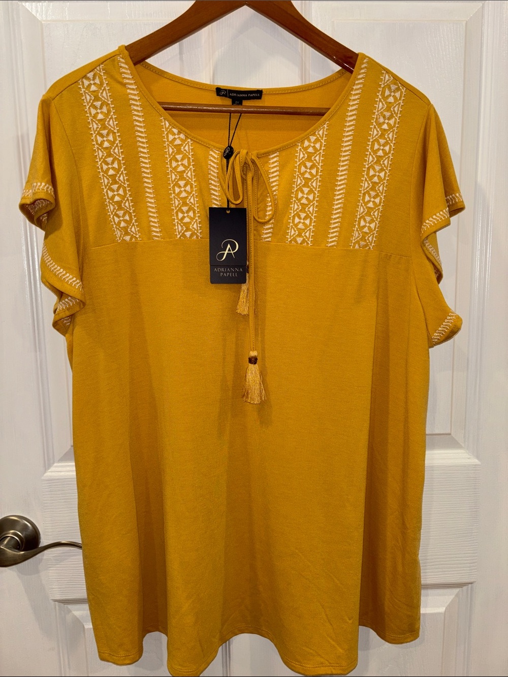 Adrianna Papell Mustard Embroidered Tie-Front Peasant Knit Top NWT
